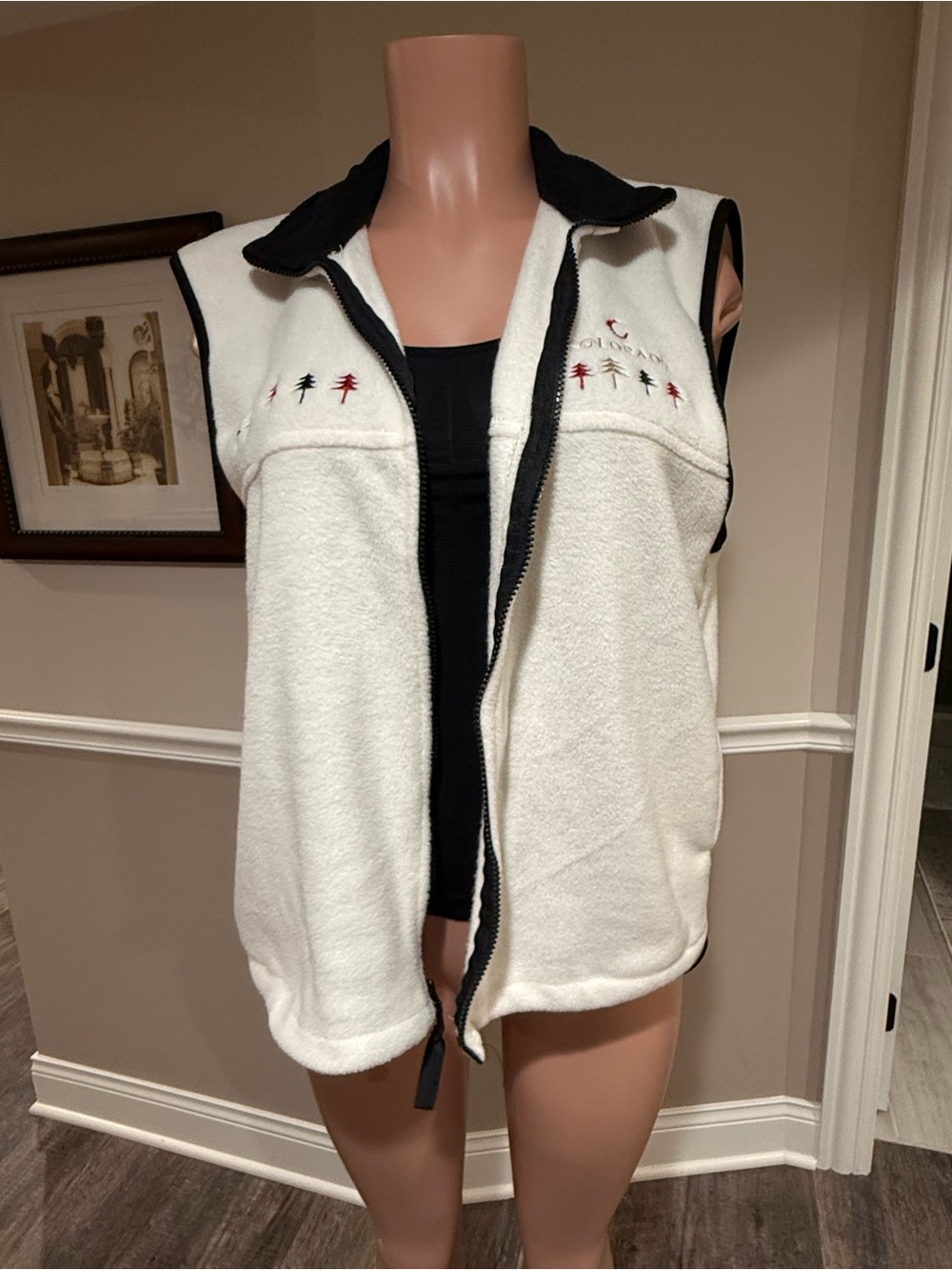 White Fleece Vest with Black Trim - Outdoor Embroidered Detail